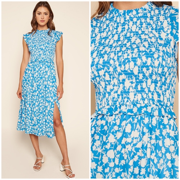 LAST 1❗️SUGARLIPS Palmas Amira Blue Ivory Smocked Midi Dress - Picture 9 of 12